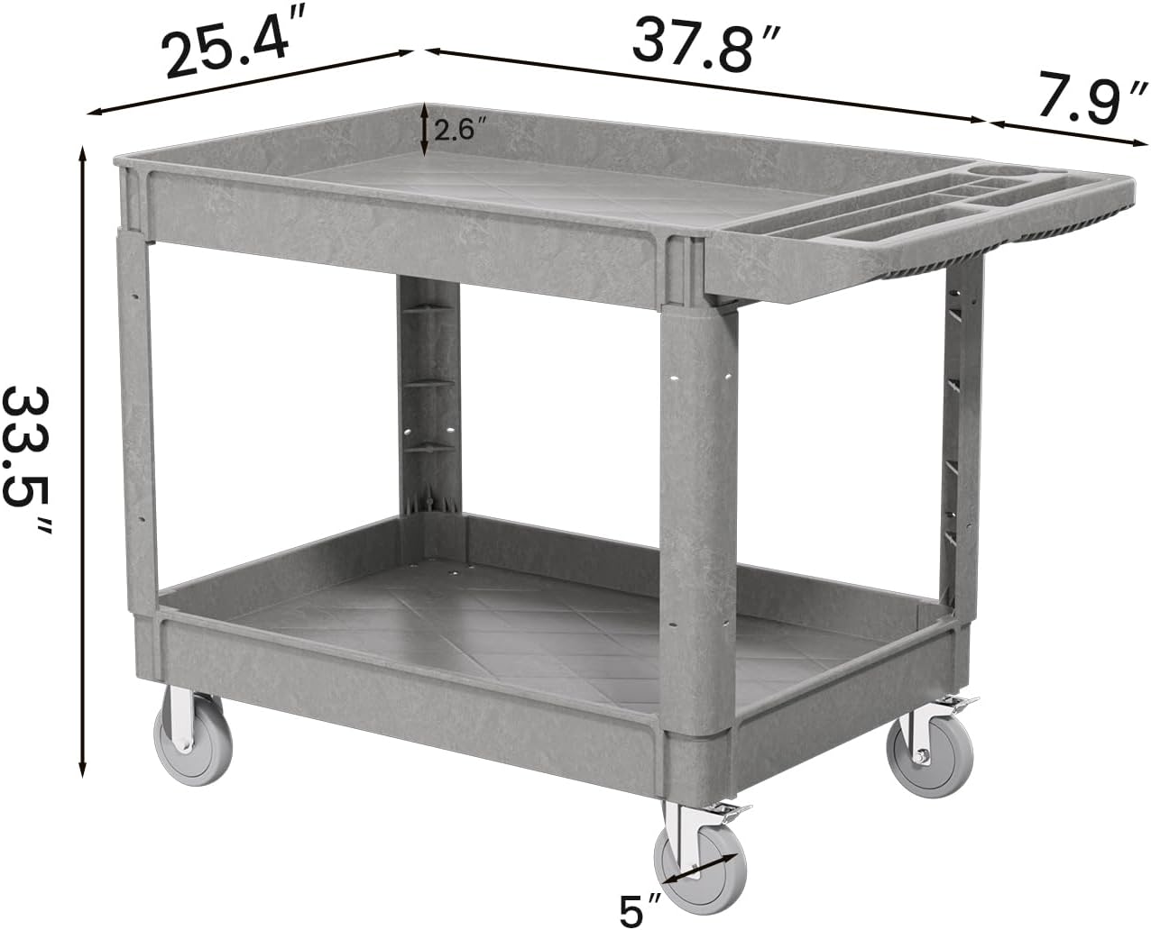 2 Tier Plastic Rolling Utility Cart on Wheels, Heavy Duty Tool Cart with Deep Shelves and 360° Swivel Wheels Holds up to 550 lbs, Service Cart for Warehouse,Garage, Cleaning (Gray-L)
