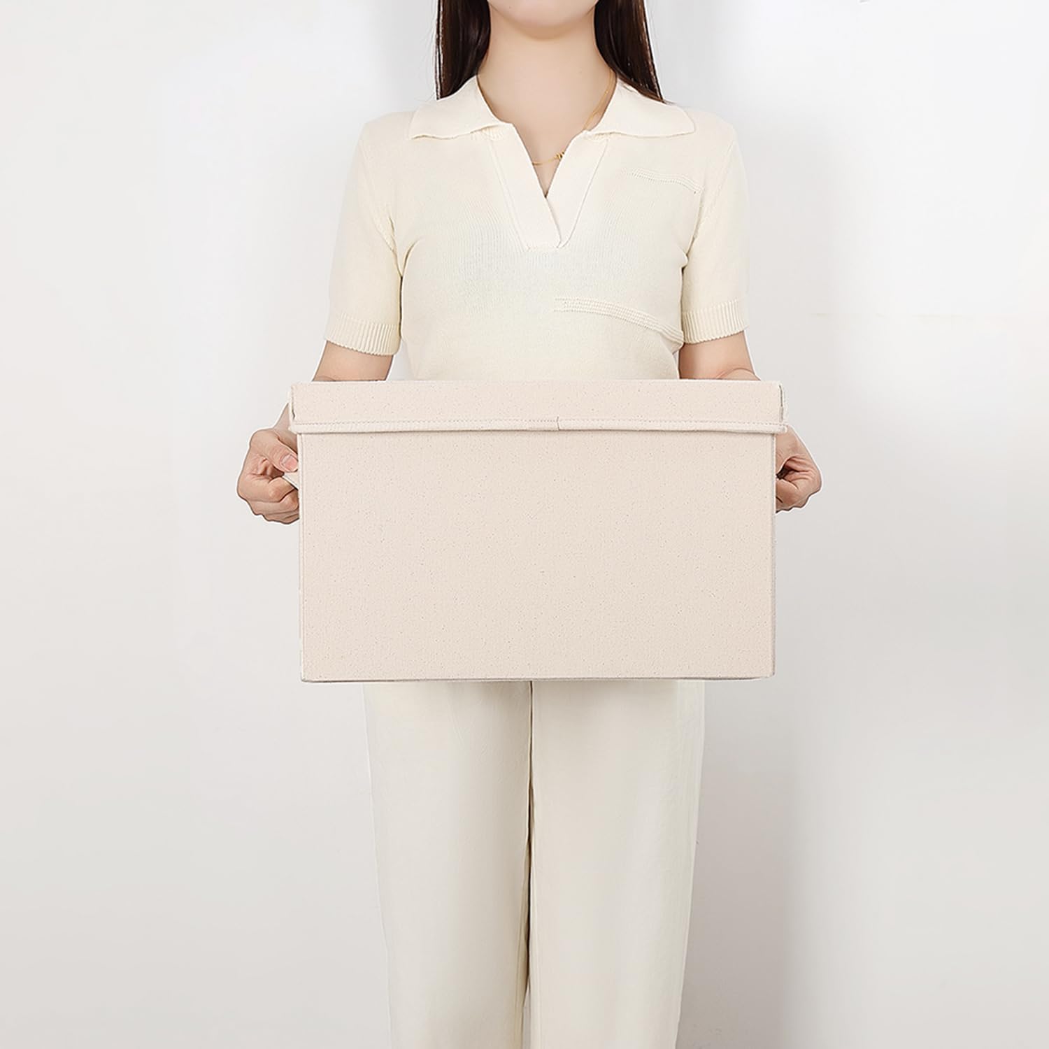 Foldable Storage Bins with Lids Cotton Canvas Rectangular Storage Box Ideal for Organization Lightweight and Durable (M)