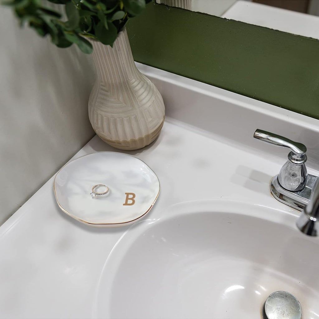Initials Ring Dish Jewery Tray with Personalized B-Monogrammed Gifts Wedding Engagement for Women Friends sister,Ceramic White