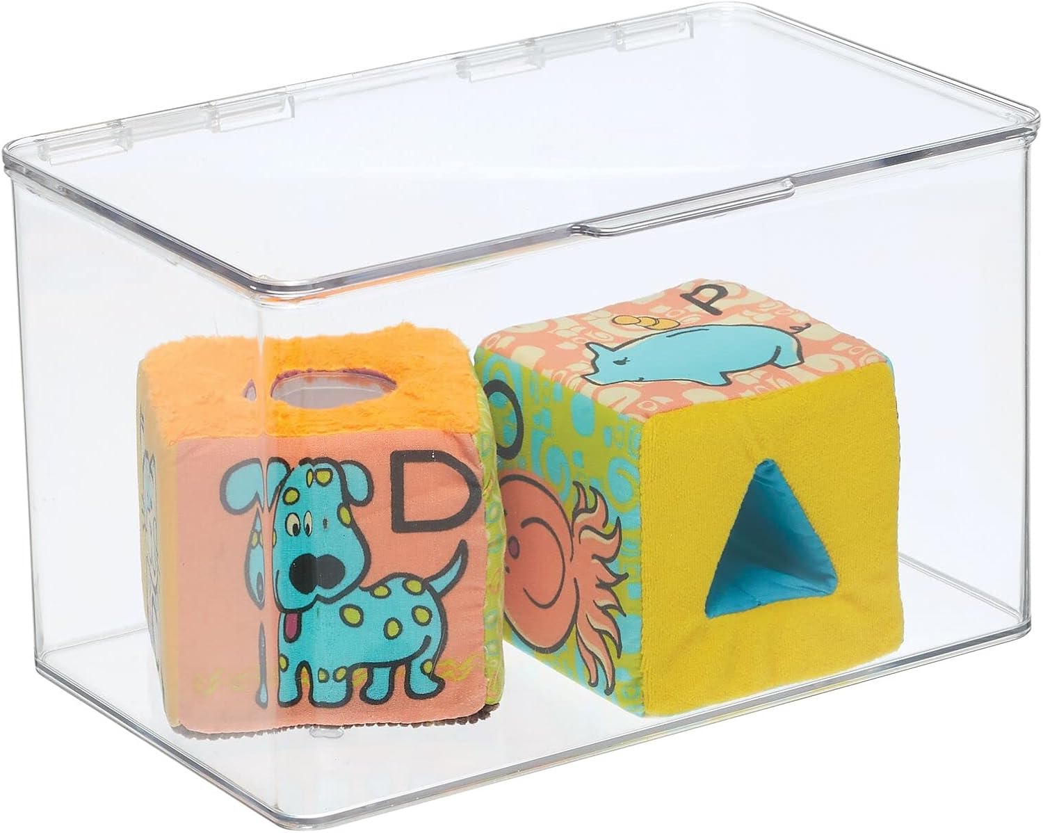 mDesign Set of 2 Storage Boxes with Lids – Stackable Plastic Storage Boxes for Nursery – Practical Plastic Toy Box Set – Clear