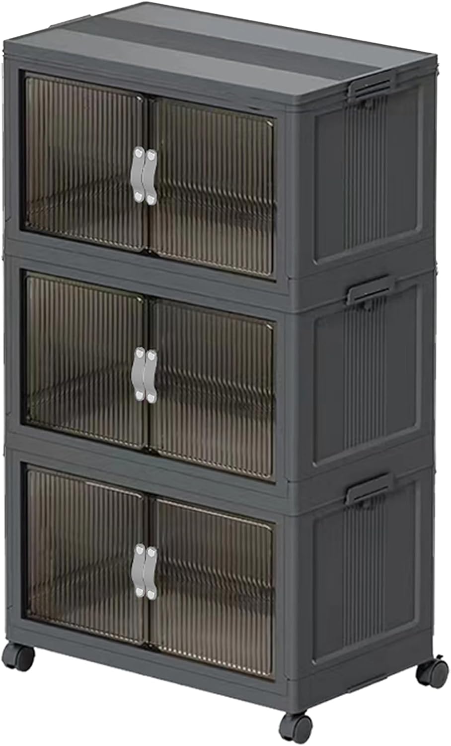 Stackable Storage Bins, Plastic Storage Bins with Lid and Wheels, Collapsible Storage Containers with Magnetic Doors, Foldable Storage Boxes for Home, Pantry, Office (M, Gray 3-Tier)