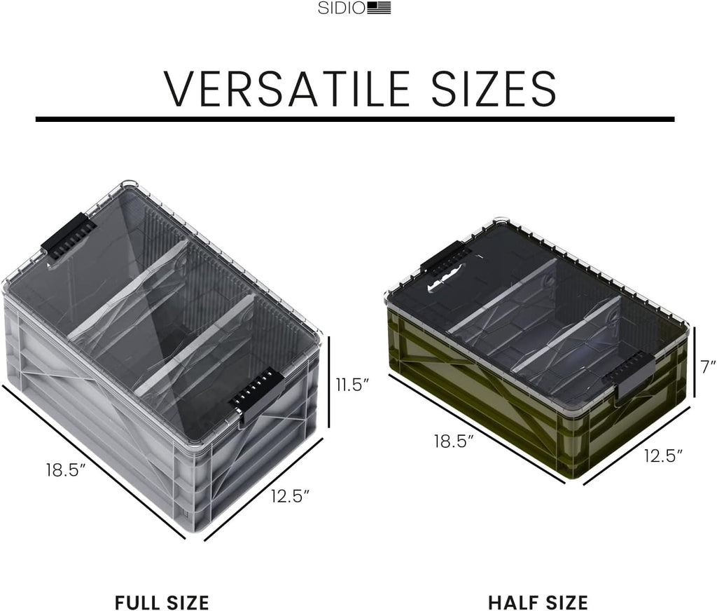 SIDIO CRATE Pro Pack - Two Full Size and One Half Size Heavy Duty Stackable Storage Bins, Totes and Containers with Lids and Dividers - Durable Organizer for Home, Office, Garage, and Outdoor Use