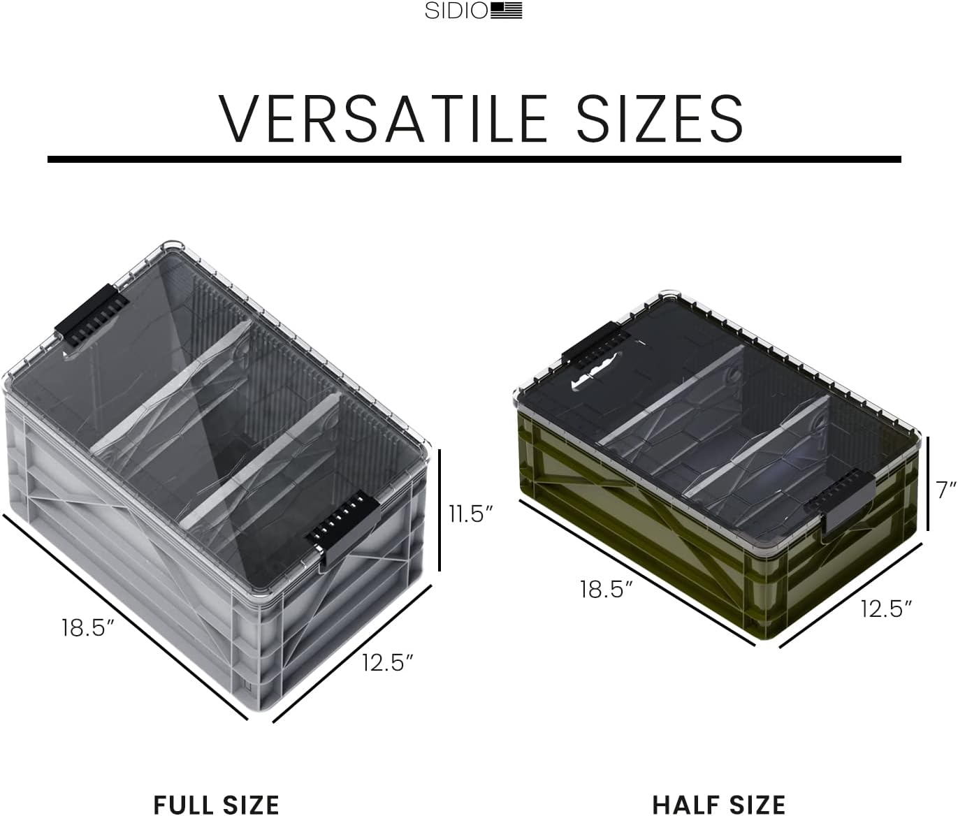 SIDIO CRATE Pro Pack - Two Full Size and One Half Size Heavy Duty Stackable Storage Bins, Totes and Containers with Lids and Dividers - Durable Organizer for Home, Office, Garage, and Outdoor Use