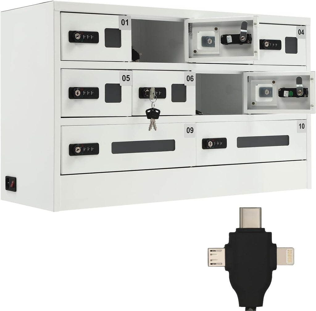 10 Slot Cellphone Charging Station Cell Phone Locker with Combination Lock, Cellphone Storage Cabinet with 3 in 1 QC3.0 Fast Charging Ports for Most Phones Tablets, for Office Classroom