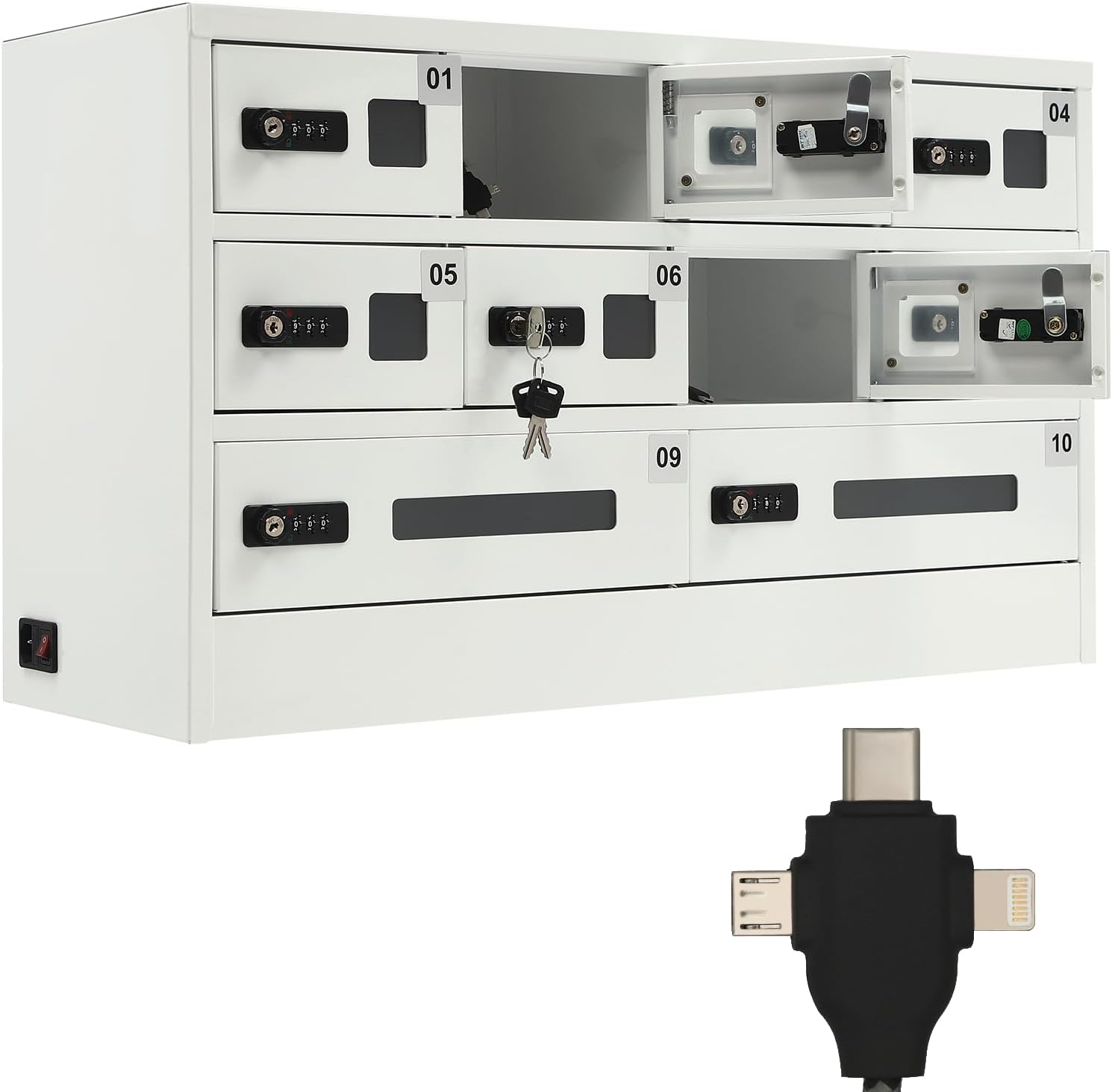 10 Slot Cellphone Charging Station Cell Phone Locker with Combination Lock, Cellphone Storage Cabinet with 3 in 1 QC3.0 Fast Charging Ports for Most Phones Tablets, for Office Classroom