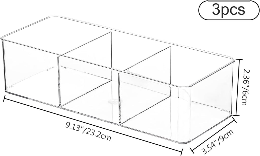 Acrylic Makeup Brush Organizers,3 Pack 3 Section 3 Compartments Transparent Plastic Lipstick Holder Clear 9.13x3.54x2.36 Inches Storage Square Cube for Bathroom Jewelry Accessories