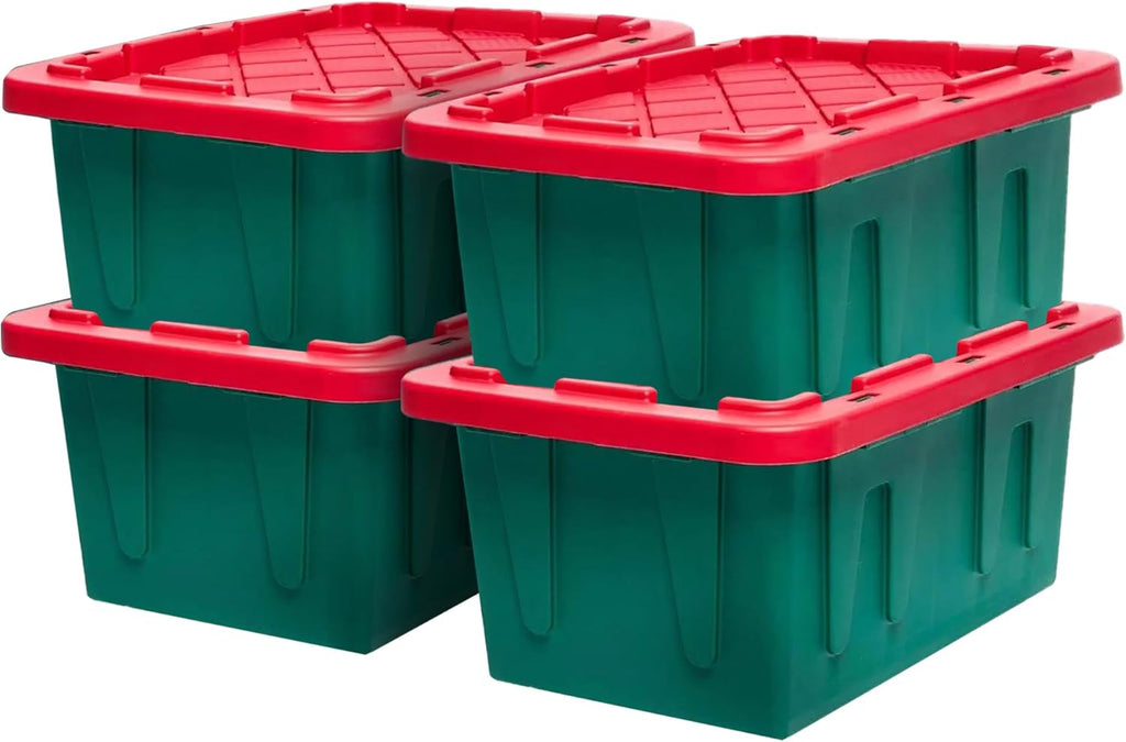 HOMZ 4-Pack Durabilt Tote, Heavy Duty Plastic Storage Bins with Lids, 15 Gallon, Green/Red - Stackable Organizing Containers for Home, Garage, and Office