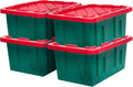 HOMZ 4-Pack Durabilt Tote, Heavy Duty Plastic Storage Bins with Lids, 15 Gallon, Green/Red - Stackable Organizing Containers for Home, Garage, and Office
