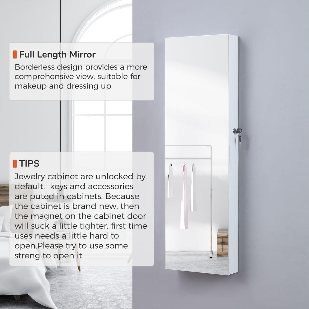 GISSAR Full Length Mirror Jewelry Cabinet, 6 LEDs Jewelry Armoire Wall Mounted Over The Door Hanging, Jewelry Organizer Display Storage Furniture with Lights Locker Mirrored Cabinet, 39.4" H, White