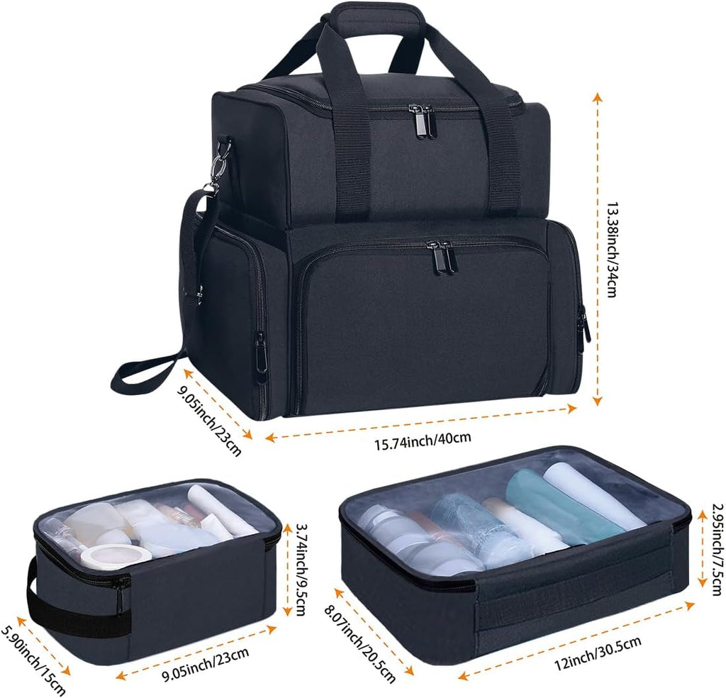 Large Makeup Cosmetic Bag with 3 Removable Case and 2 Removable Dividers Double Layer Travel Storage Organizer, Makeup Brushes Storage Section Black