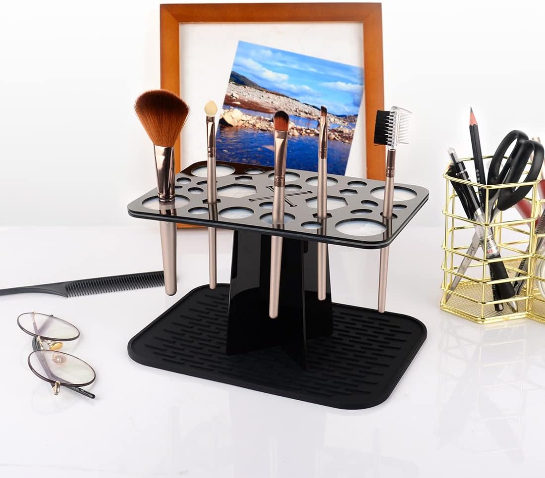 Makeup Brushes Drying Rack with Mat, 28 Holes Acrylic Brush Holder Stand Tree Tray, Folding Makeup Brush Holder (Black)