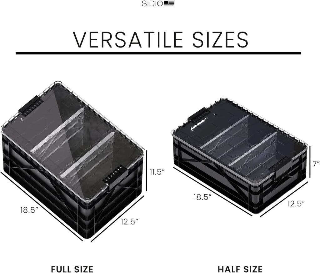 SIDIO Crate Pro Pack - 2 Full-Size & 1 Half-Size Heavy Duty Stackable Storage Bins, Totes and Containers with Lids and Dividers - Durable Plastic Organizer for Home, Office, Garage, and Outdoor Use