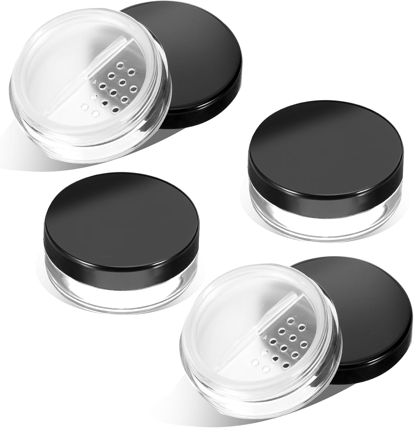 4pcs 10ml/0.34oz Plastic Empty Travel Small Loose Powder Compact Refillable Loose Powder Containers Reusable No Leak Compact with Rotatable Sifter And Black Screw Lid