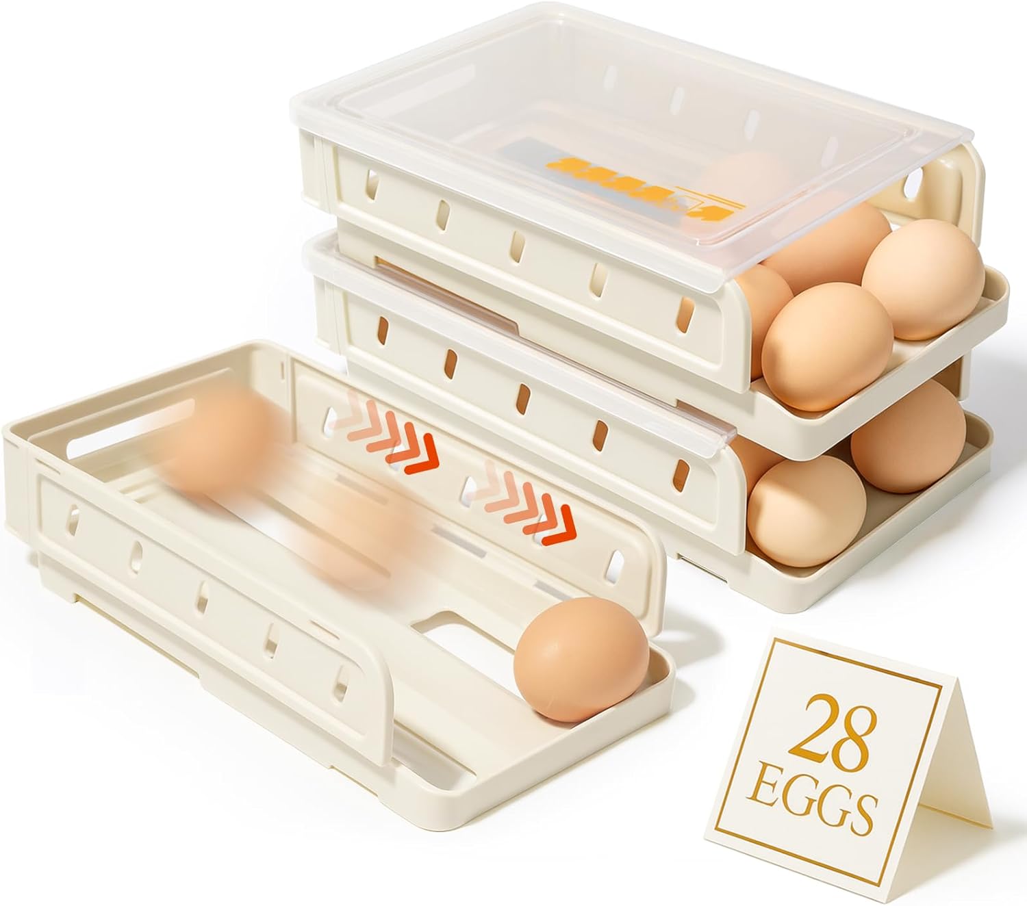 Automatic Rolling Egg Holder for Refrigerator, 2-Pack Stackable Egg Storage Containers, Smooth Glide Track, Steady Base & Dishwasher Safe