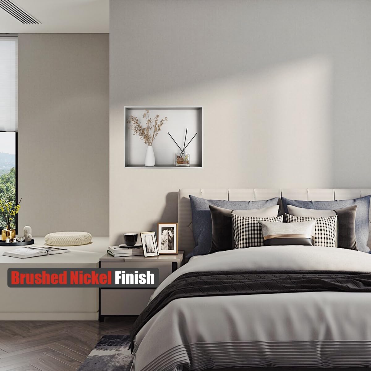 JQK Shower Niche No Tile Need, 18"×14" Brushed Nickel Bathroom Insert Shelf, 304 Stainless Steel Recessed Shower Caddy Organizer Storage, SNL1814-BN