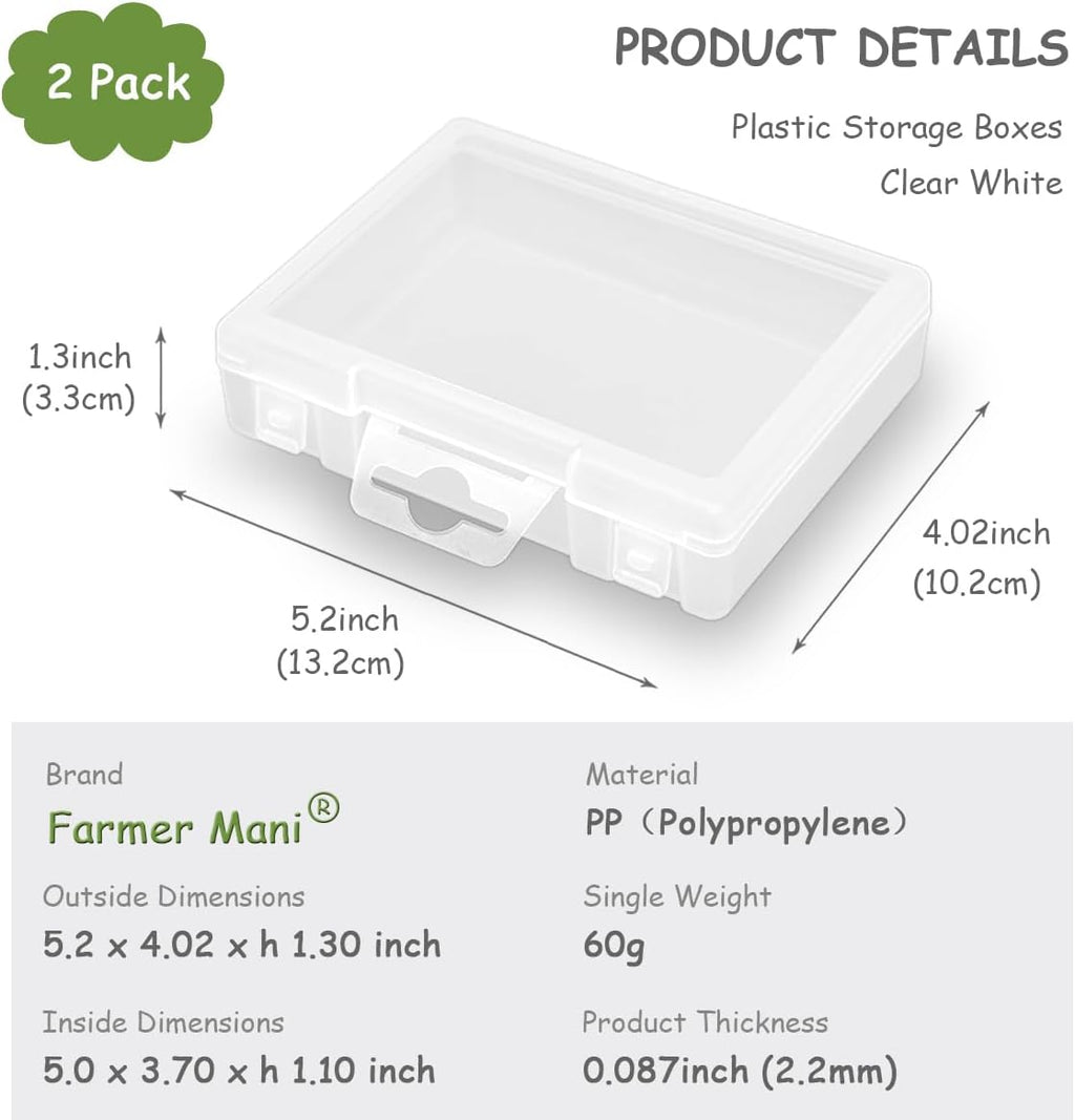 2 Pack Rectangle Plastic Frosted Storage Containers Box(5.2 x 4.02 x 1.3 inch), Polypropylene Box with Hinged Lid for Beads, Coins, Safety Pins and Learning Supplies,Screws,Drills,Battery