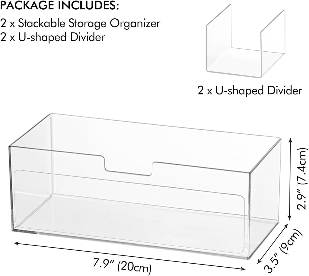 Poeland 2 Pack Makeup Organizer, Stackable Storage Organizer with U-shaped Removable Divider, Clear Storage Box for Medicine Cabinet, Closet, Bathroom, Counter
