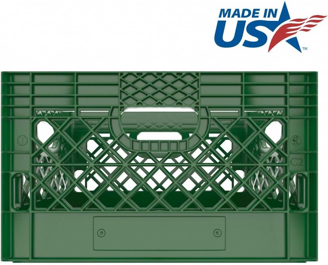 Heavy Duty Plastic Storage Milk Crates, Stackable Utility Organizer Bins, 19x11x13 Inches, 6 Pack, Made in USA, 24 Qt/6 Gallon Capacity (Green)