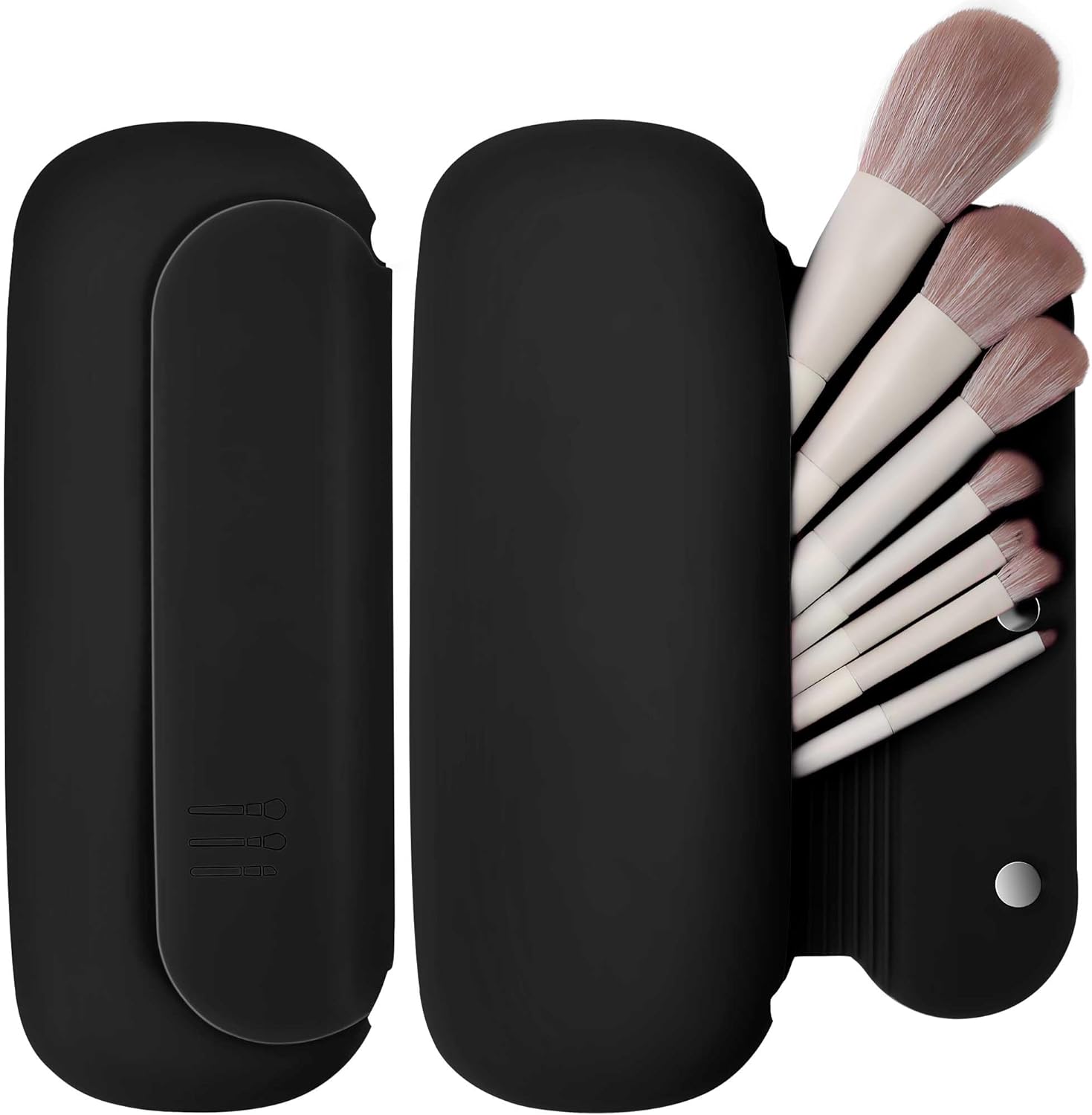 Silicone Travel Makeup Brush Holder for Women with Magnetic Closure and Built-in Brush Cleaner, Washable Cosmetic Organizer, Gift-Ready Pouch, Black