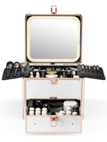 Qislee Makeup Box with Drawer and A Detachable Lighted Mirror, Waterproof Travel Train Case, Cosmetic Organizer and Makeup Suitcase with Adjustable Dividers, Magnetic LED Mirror (Bright White)