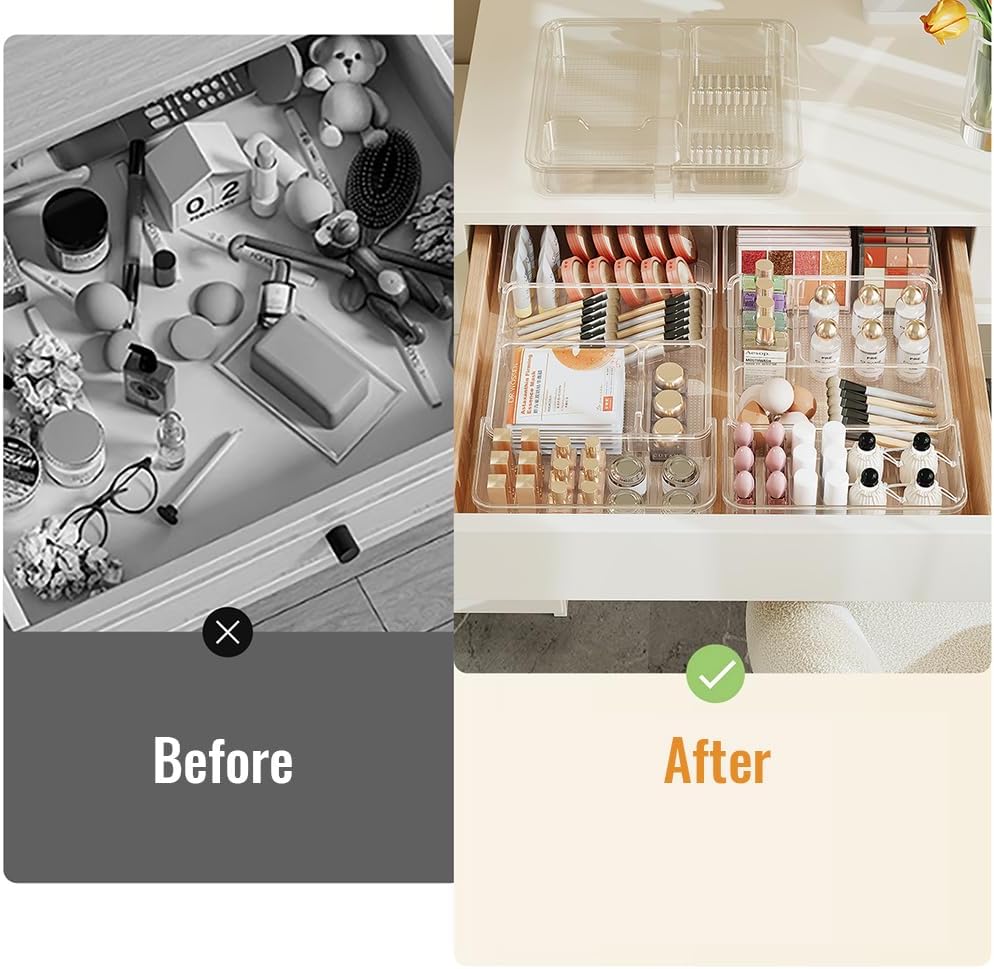 Expandable Drawer Organizer Tray from 11” to 19.1”, Adjustable Silverware in Drawer Holder, Clear Plastic Drawer Storage with Sliding Dividers for Utensil, Cosmetics, Toiletries, Offices