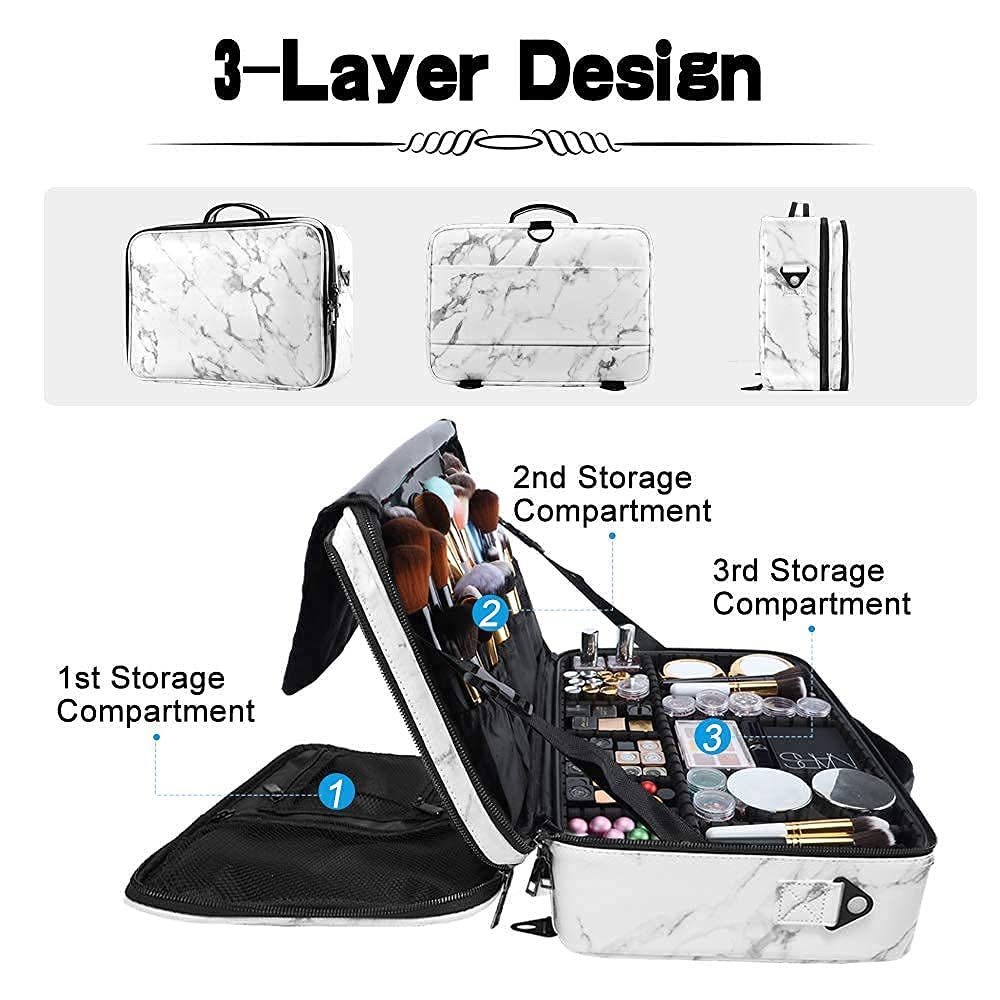 gzcz Large Capacity Travel Makeup Case Organizer,Professional Cosmetic Bags for Women,Waterproof PU Leather Makeup Bag with Adjustable Dividers and Shoulder Strap for Brushes and Jewelry