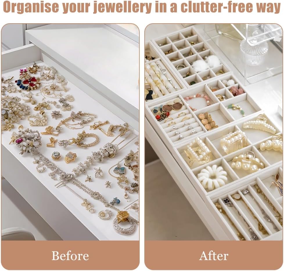 10 Pack Jewelry Organizer Tray Drawer Inserts Stackable Velvet Liner Dividers Customizable Jewellery Box Foam Ring Earring Holder Necklace Bracelet Storage Display Dish Flat in Dresser Vanity
