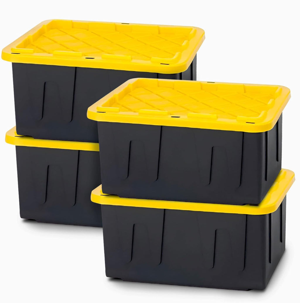 HOMZ 4-Pack Durabilt Tote, Heavy Duty Plastic Storage Bins with Lids, 15 Gallon, Black/Yellow - Stackable Organizing Containers for Home, Garage, and Office