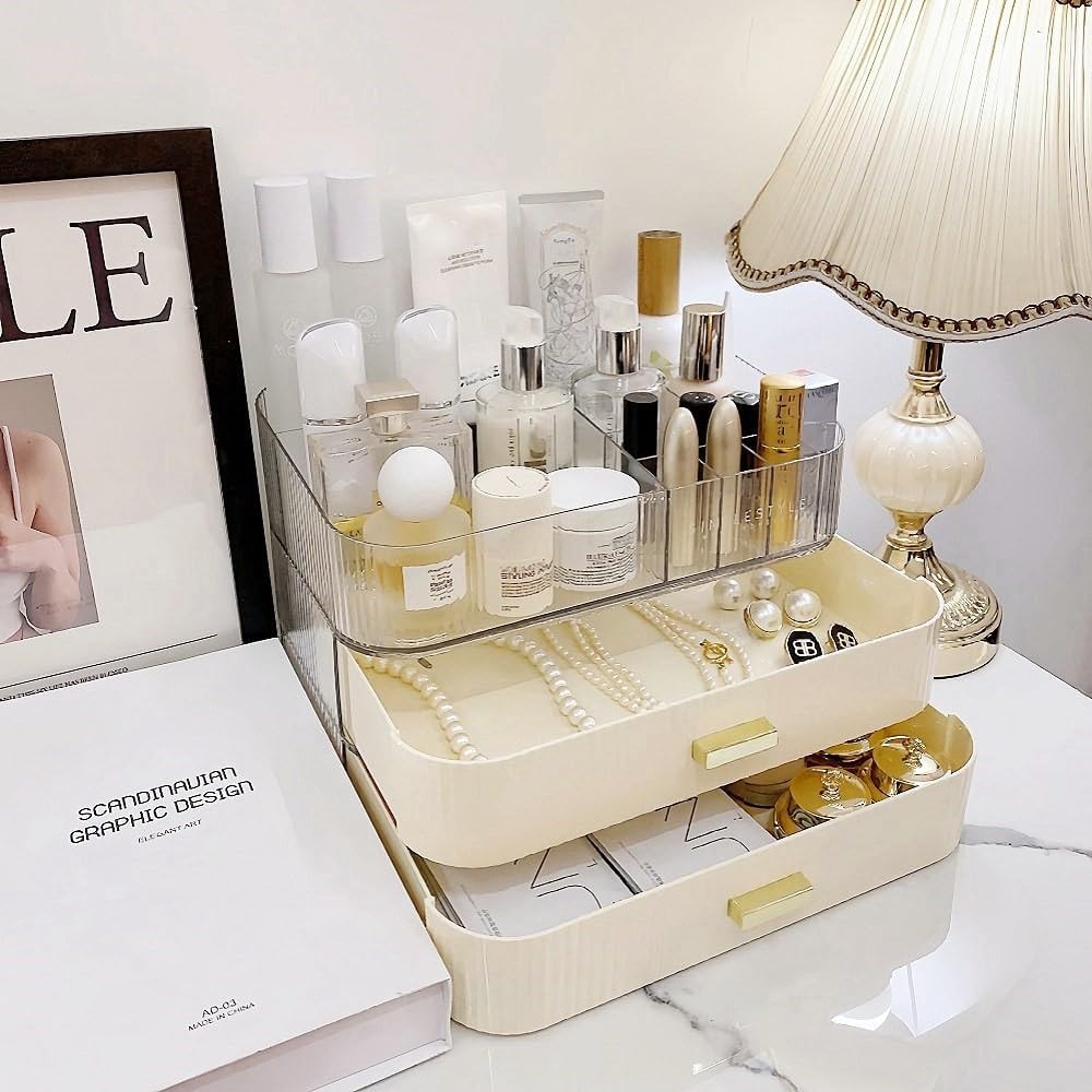 Makeup Organizer with Drawers Stackable Skincare Cosmetic Makeup organization for vanit Bathroom Desk Countertop (Cream)