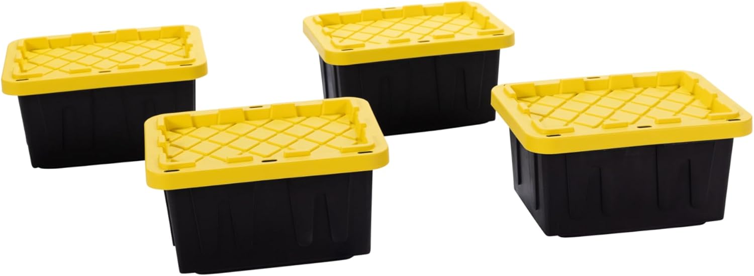 Plastic 5-Gallon Storage Tote with Lockable Lid, Stackable Tough Regular-Duty Bin for Garage, Tools, and Home Organization (4-Pack) - Black and Yellow