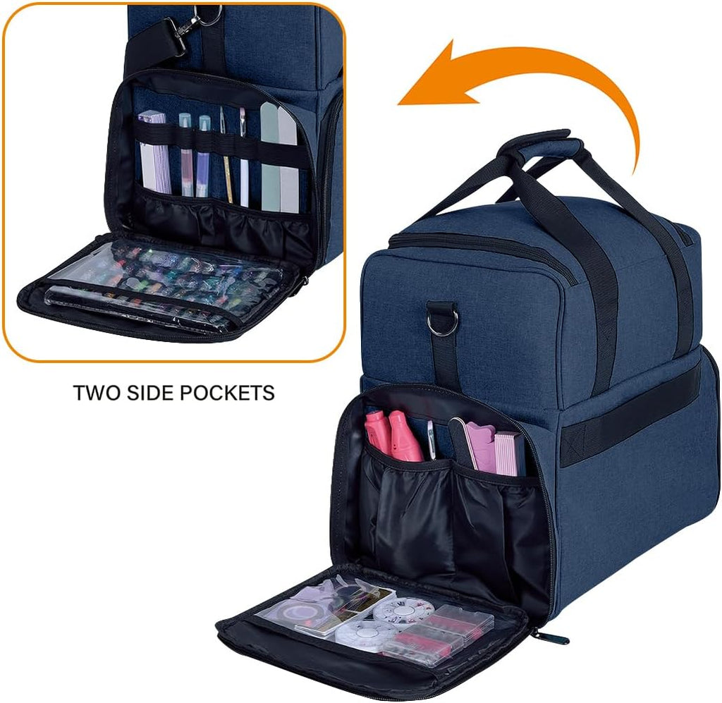 Large Makeup Cosmetic Bag with 3 Removable Case and 2 Removable Dividers Double Layer Travel Storage Organizer, Makeup Brushes Storage Section Blue