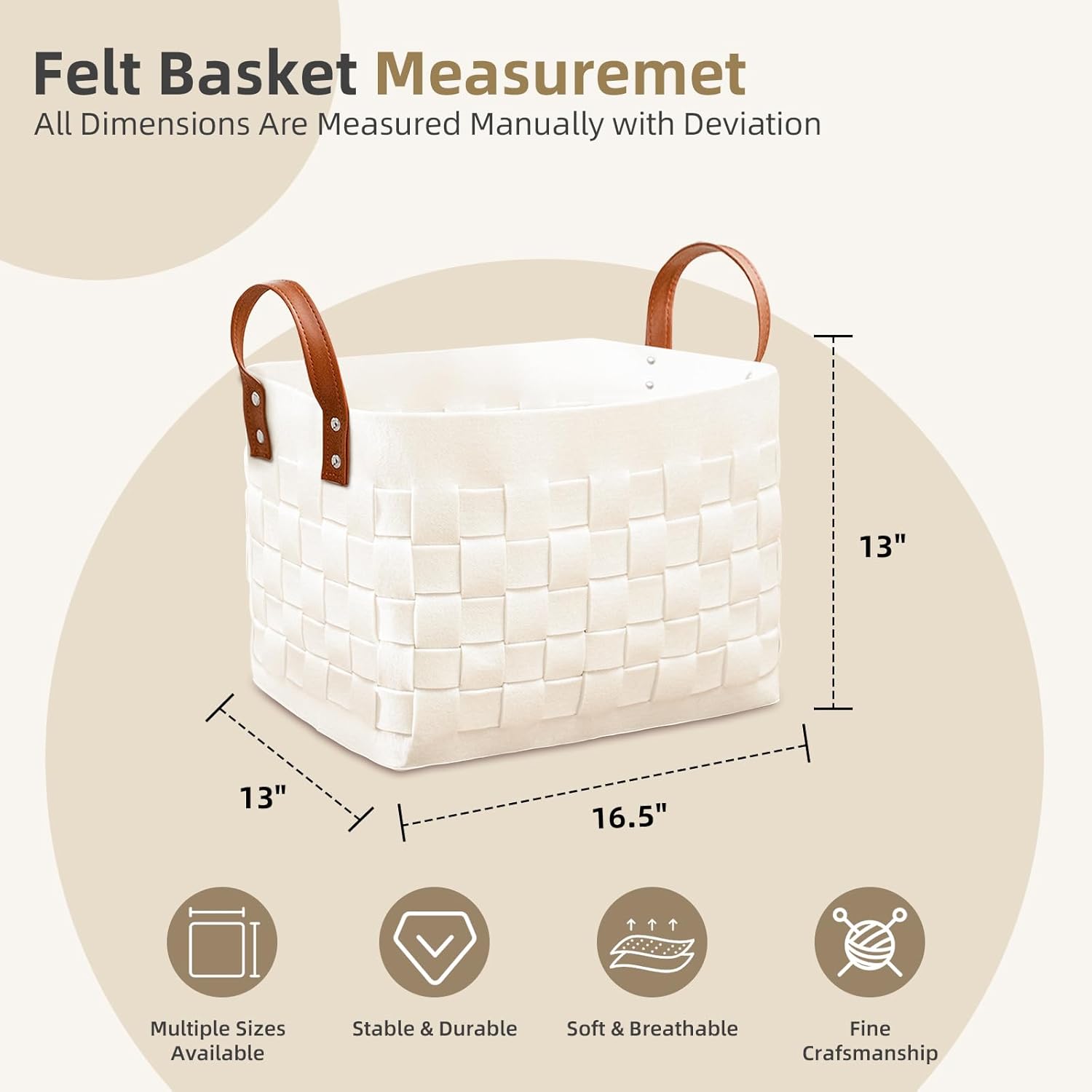 BOLDMONEKY Blankets Basket 16.5 " x13 " x13 " , Large Rectangular Laundry Hamper with Leather Handle, Soft Dog Toy Basket for Storage-Beige