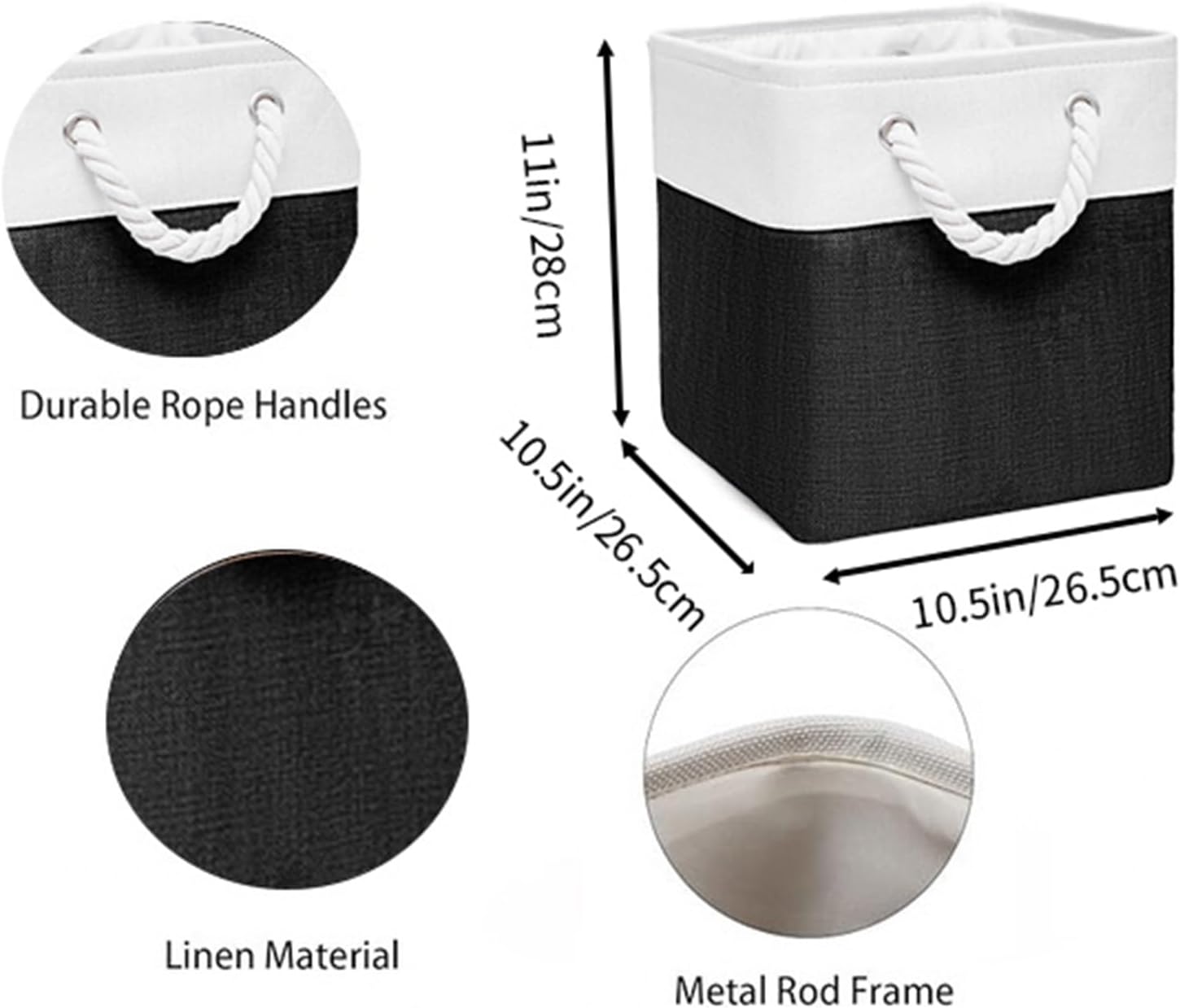 Fabric Storage Cubes, 11 inch cube storage bin with Handles, 11x11cube storage organizer bins, Collapsible Storage Bins for Shelves and Home, Cubby Storage Bins (white-black, 10.5x10.5x11in)