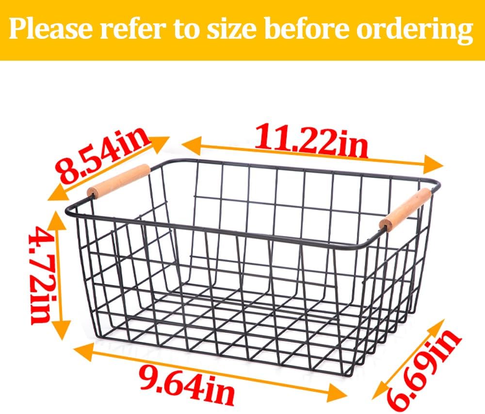 LeleCAT Wire Baskets with Wooden Handles Wire Storage Organizer Bin Baskets, Pantry, Closets, Bedrooms - Set of 2（Black）