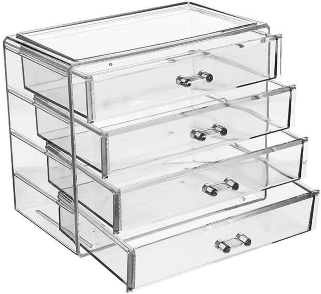 4-Drawer Clear Acrylic Vanity Top Stackable Organizer – Perfect for Skincare, Makeup, Brushes, Perfume, Jewelry and Hair Accessories (Modern 5.9" D x 9.25" W x 7.9" H)