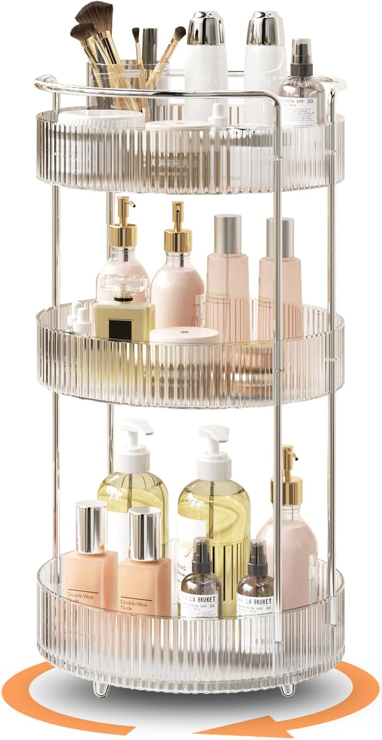 360° Rotating Makeup Organizer for Vanity, Skincare Perfume Organizers and Storage for Bathroom Countertop, Clear Makeup Brush Holder Lazy Susan for Counter (Transparent, 3 Tier)