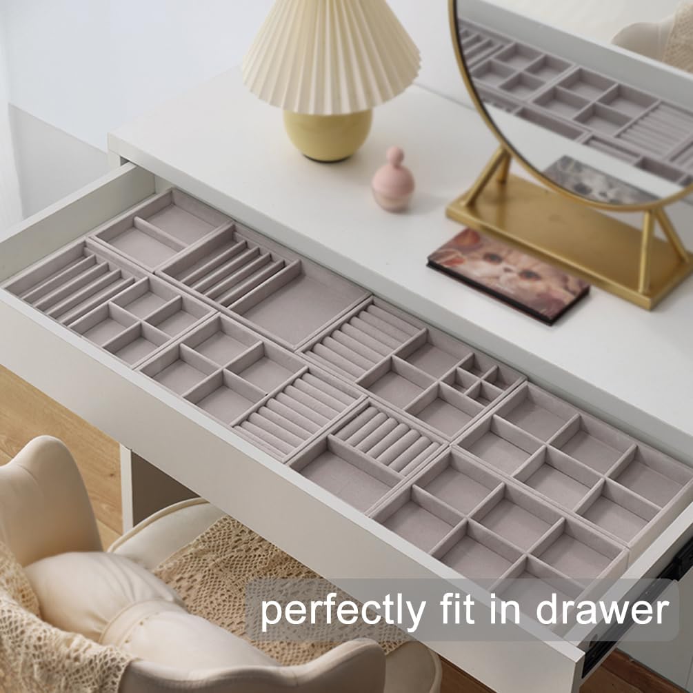 10 Pack Jewelry Organizer Tray Drawer Inserts Stackable Velvet Liner Dividers Customizable Jewellery Box Foam Ring Earring Holder Necklace Bracelet Storage Display Dish Flat in Dresser Vanity