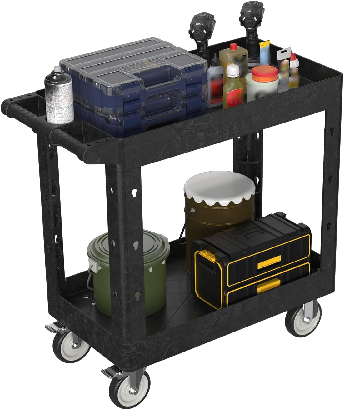 2 Tier Plastic Rolling Utility Cart on Wheels, Heavy Duty Tool Cart with Deep Shelves and 360° Swivel Wheels Holds up to 550 lbs, Service Cart for Garage, Warehouse, Cleaning