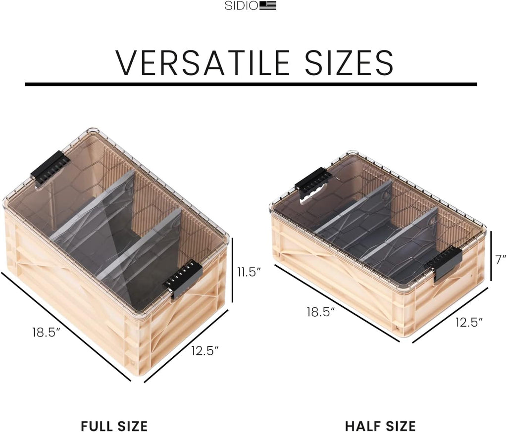 SIDIO Crate Pro Pack - 2 Full-Size & 1 Half-Size Heavy Duty Stackable Storage Bins, Totes and Containers with Lids and Dividers - Durable Organizer for Home, Office, Garage, and Outdoor Use