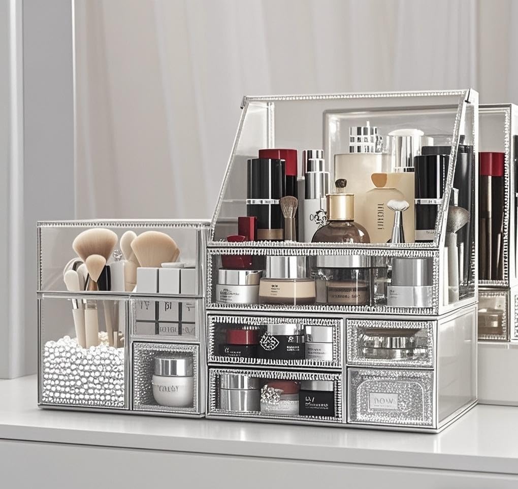 Hersoo Glass Makeup Organizer for Vanity/Stackable 2Pieces Drawer Set/Antique Countertop Vanity Cosmetic Storage Box Mirror Glass Beauty Display, Holder for Brushes Lipsticks Skincare Toner (Silver)
