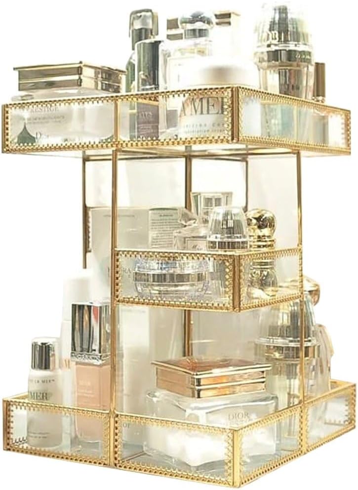 4-Tier Golden 360 Degree Rotation Cosmetic Organizer -Premium Spinning Perfume Tray,Large Capacity Beauty Display for Countertop,Vanity or Bathroom Dorm Room-Tempered Glass&Sturdy Metal