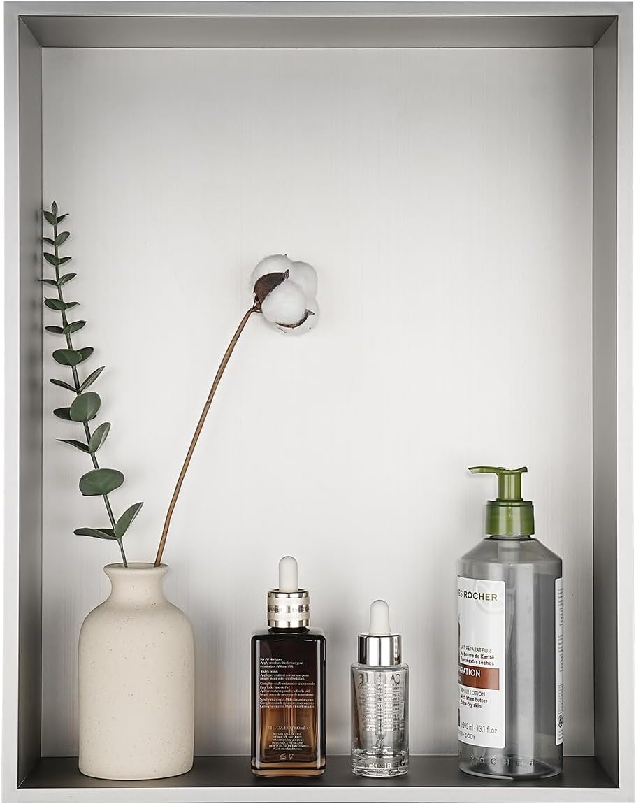 JQK Shower Niche No Tile Need, 18"×14" Brushed Nickel Bathroom Insert Shelf, 304 Stainless Steel Recessed Shower Caddy Organizer Storage, SNL1814-BN