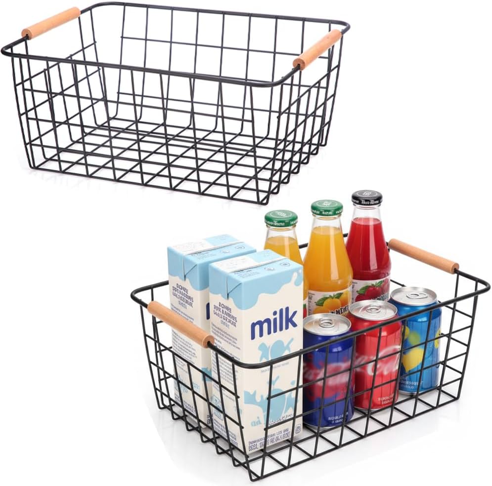 LeleCAT Wire Baskets with Wooden Handles Wire Storage Organizer Bin Baskets, Pantry, Closets, Bedrooms - Set of 2（Black）