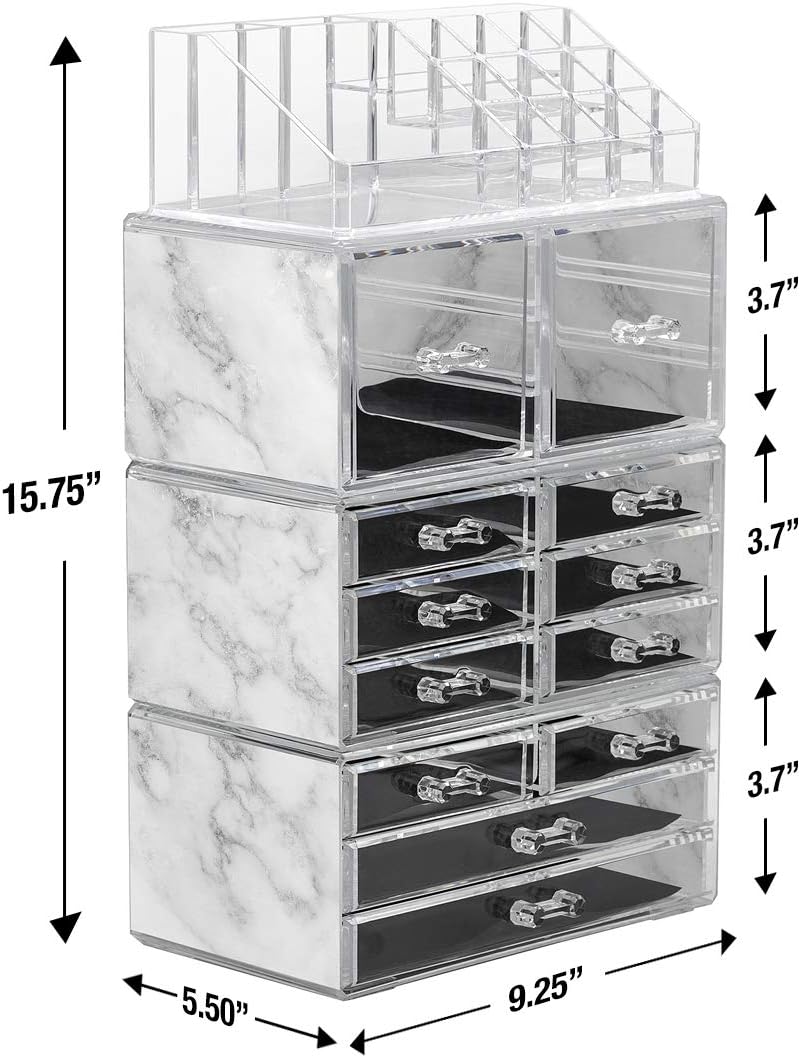 Sorbus Large Makeup Organizer - Clear Stackable Jewelry & Makeup Organizer For Vanity, Bathroom Storage, Dresser - 12 Drawers Cosmetic Beauty Organizers and Storage with Lipstick, Makeup Brush Holder