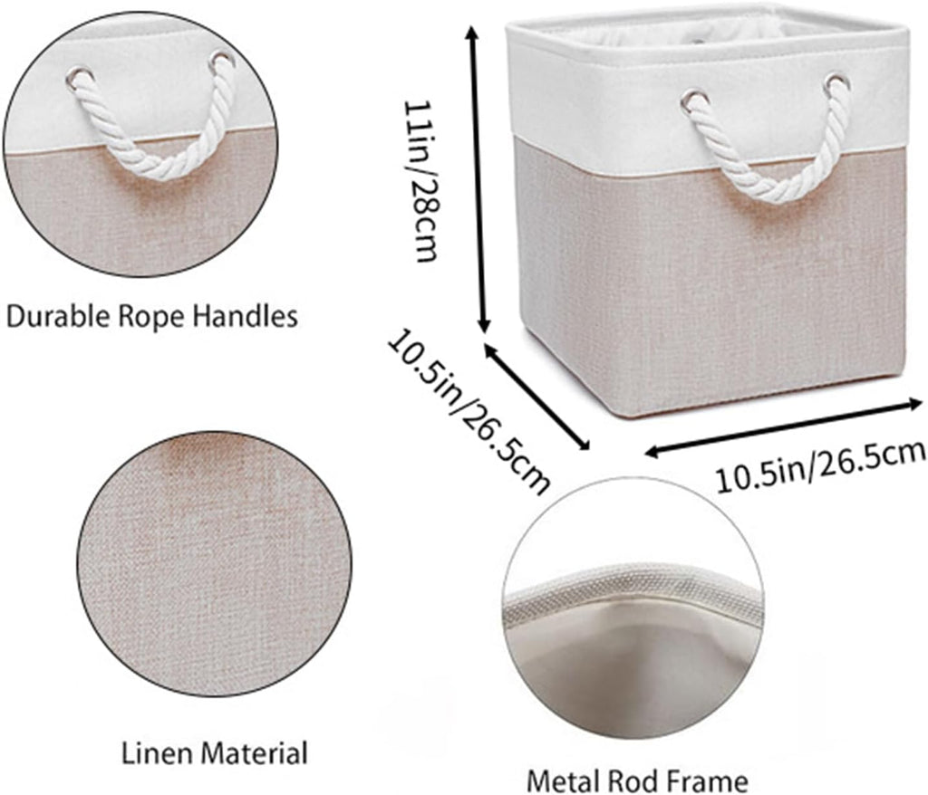 Fabric Storage Cubes, 11 inch cube storage bin with Handles, 11x11cube storage organizer bins, Collapsible Storage Bins for Shelves and Home, Cubby Storage Bins (white-khaki, 10.5x10.5x11in)