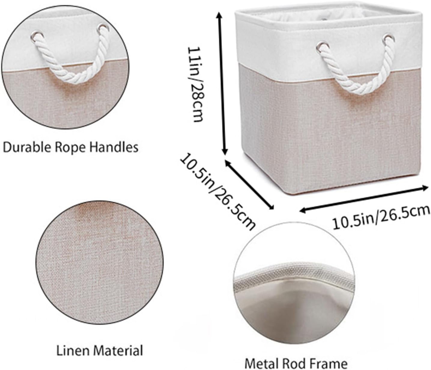 Fabric Storage Cubes, 11 inch cube storage bin with Handles, 11x11cube storage organizer bins, Collapsible Storage Bins for Shelves and Home, Cubby Storage Bins (white-khaki, 10.5x10.5x11in)