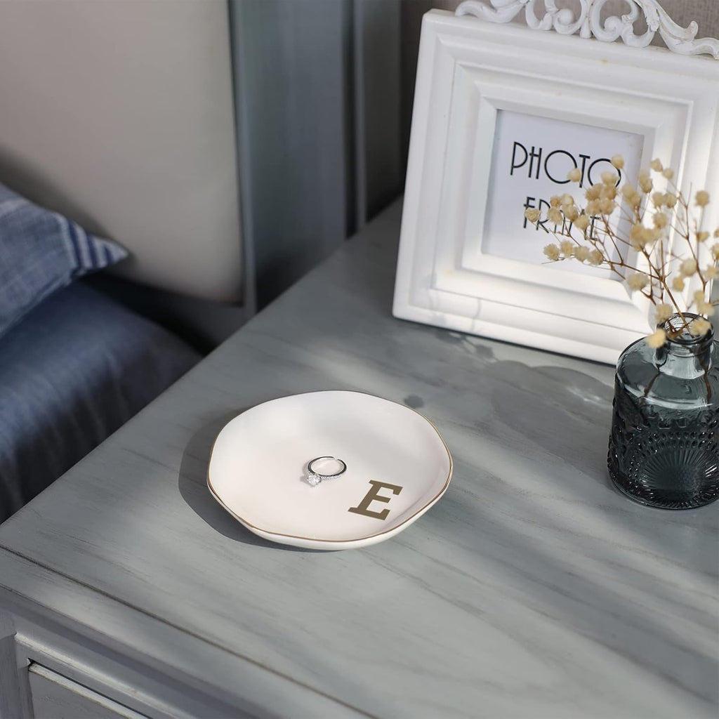 Initials Ring Dish Jewery Tray with Personalized E-Monogrammed Gifts Wedding Engagement for Women Friends sister,Ceramic White