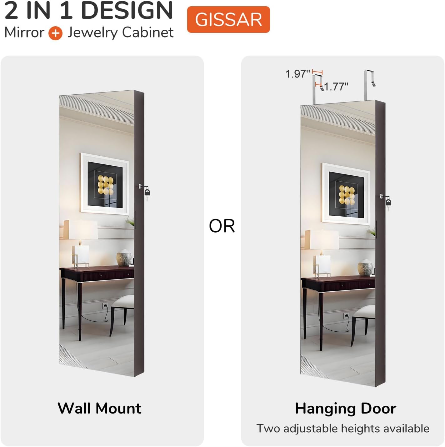 GISSAR Full Length Mirror Jewelry Cabinet, 6 LEDs Jewelry Armoire Wall Mounted Over The Door Hanging, Jewelry Organizer Storage with Lights Lockable, Brown, 14.6" x 47.2"