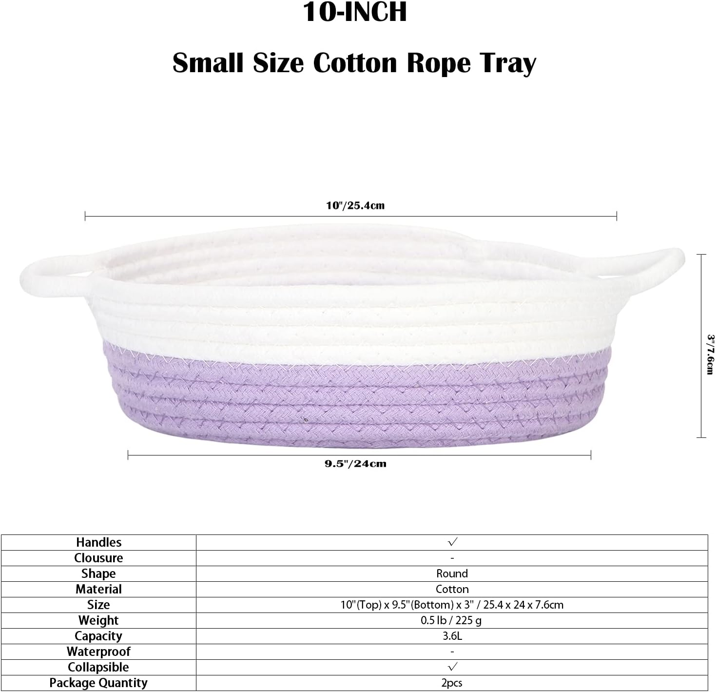 Sea Team 2-Pack Cotton Rope Baskets, 10 x 3 Inches Small Woven Storage Basket, Fabric Tray, Bowl, Round Open Dish for Fruits, Jewelry, Keys, Sewing Kits (Lavender & White)