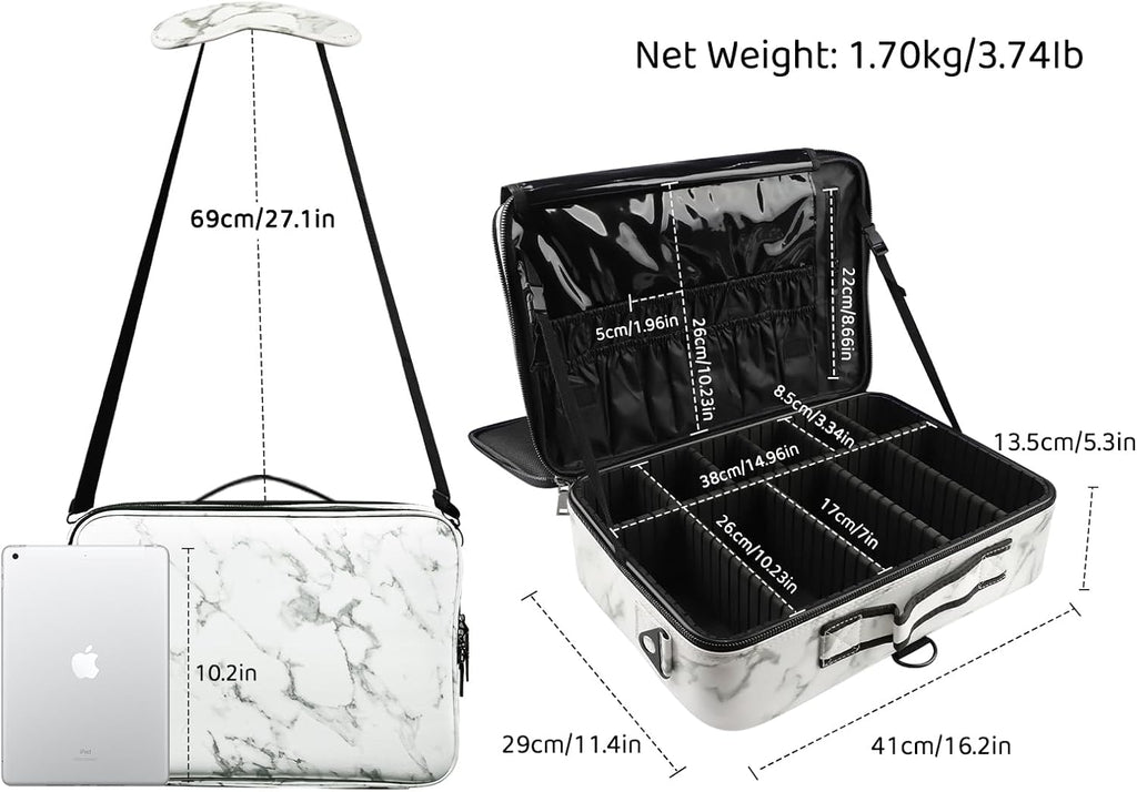 JOURMON Travel Makeup Train Case,Large Capacity Cosmetic Bags for Women,Portable Makeup Bag Organizer with Adjustable Dividers & Shoulder Strap(Marble White, Large)